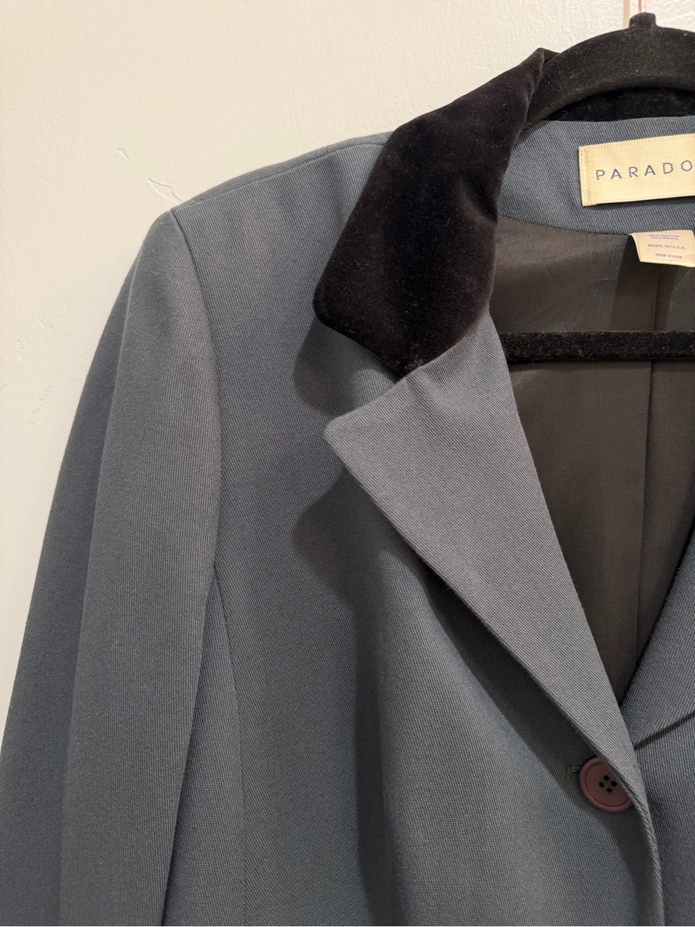 Vintage 90s Paradox Wool Longline Blazer Jacket Velvet Collar Slate Blue Size 8 - Picture 4 of 12
